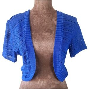 KNIT MINDED Shrug Cardigan Size M Y2K Open Knit Royal Blue USA Made Short Sleeve